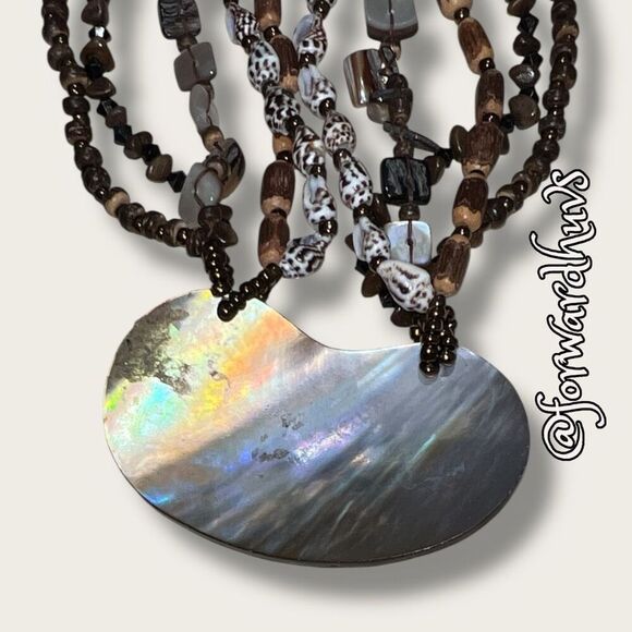 Multi-Strand Shell & Wood Bead Necklace with Large Shell Pendant - Picture 10 of 11